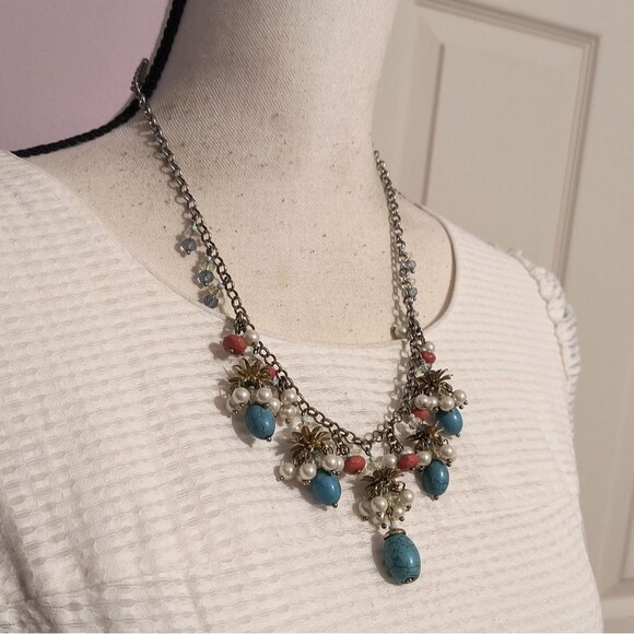 Talbots Cluster Fringe Statement Necklace Howlite Turquoise Pearls - Picture 3 of 7